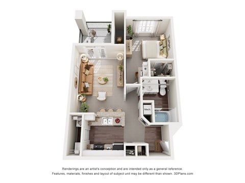 Floor plan for 1 bed, 1 bath, 696 sqft